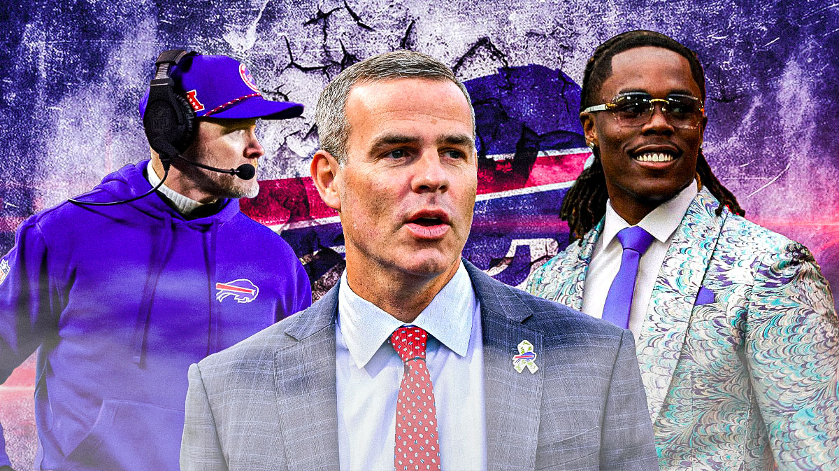 Coach Sean McDermott, GM Brandon Beane, Maxwell Hairston beside each other, Buffalo Bills wallpaper and fireworks in the background