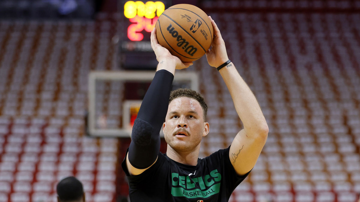 Boston Celtics forward Blake Griffin (91) warms up before game six against the Miami Heat in the Eastern Conference Finals for the 2023 NBA playoffs at Kaseya Center.