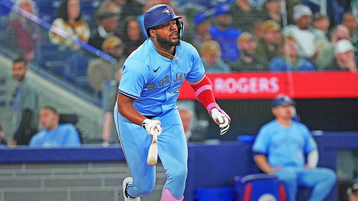 Toronto Blue Jays first baseman Vladimir Guerrero Jr. (27) reacts after hitting a double against the Washington Nationals during the fifth inning at Rogers Centre.