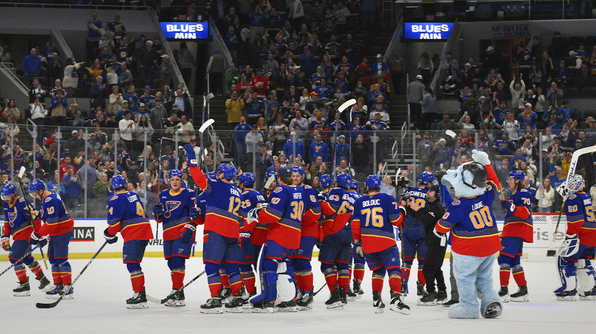 The St. Louis Blues salute fans after defeating the Detroit Red Wings in overtime at Enterprise Center.