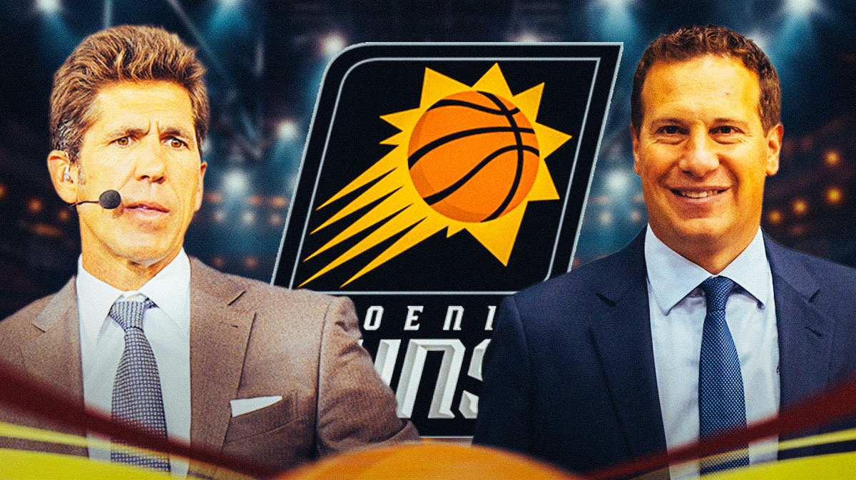 Bob Myers with a background of the Phoenix Suns logo and Suns owner Mat Ishbia smiling