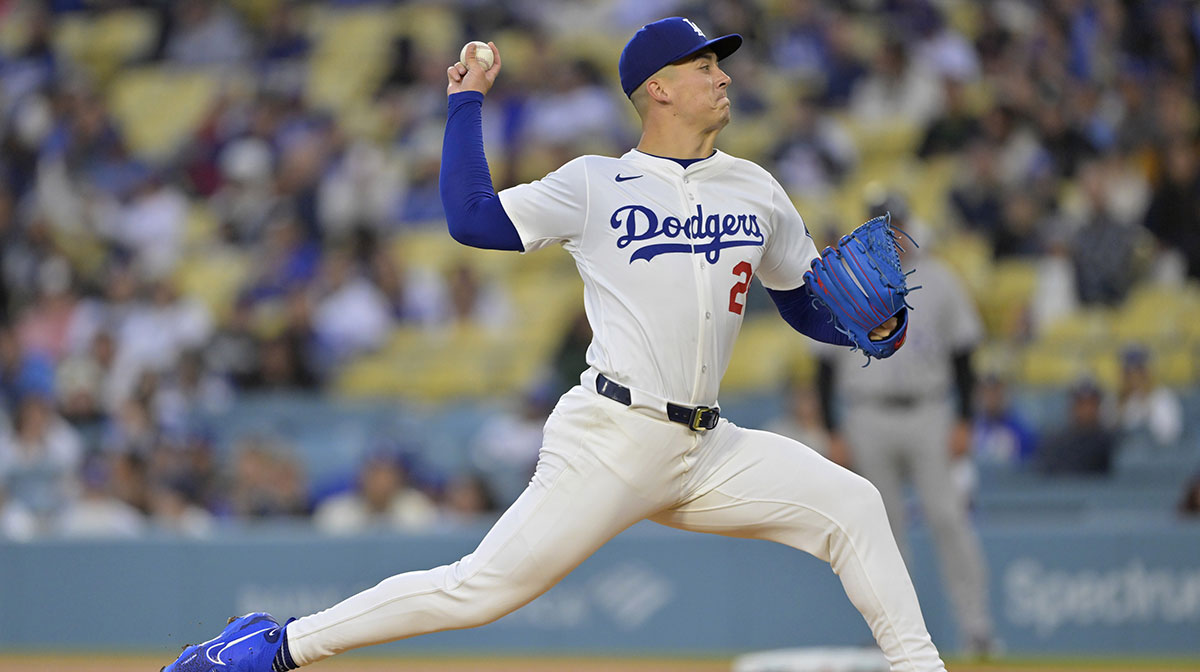 Los Angeles Dodgers pitcher Bobby Miller (28) pitches in the first inning against the Colorado Rockies at Dodger Stadium.