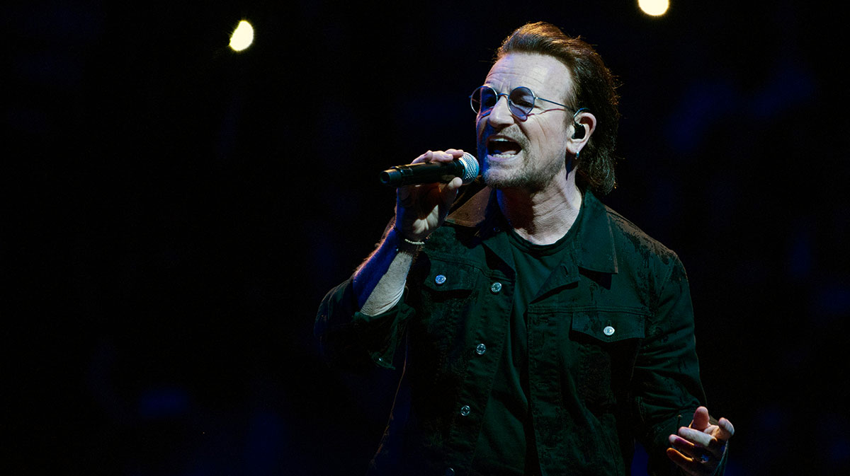 Bono, who stars in the Stories of Surrender concert film for Apple TV+, singing on U2's Experience + Innocence Tour in Philadelphia, Pennsylvania.