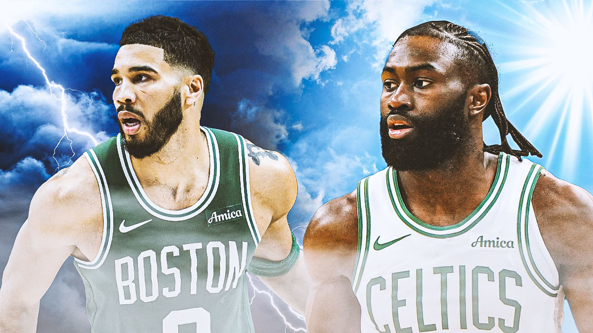 Celtics' Jaylen Brown with a sunny background on one side and Jayson Tatum with a stormy background on the other side.