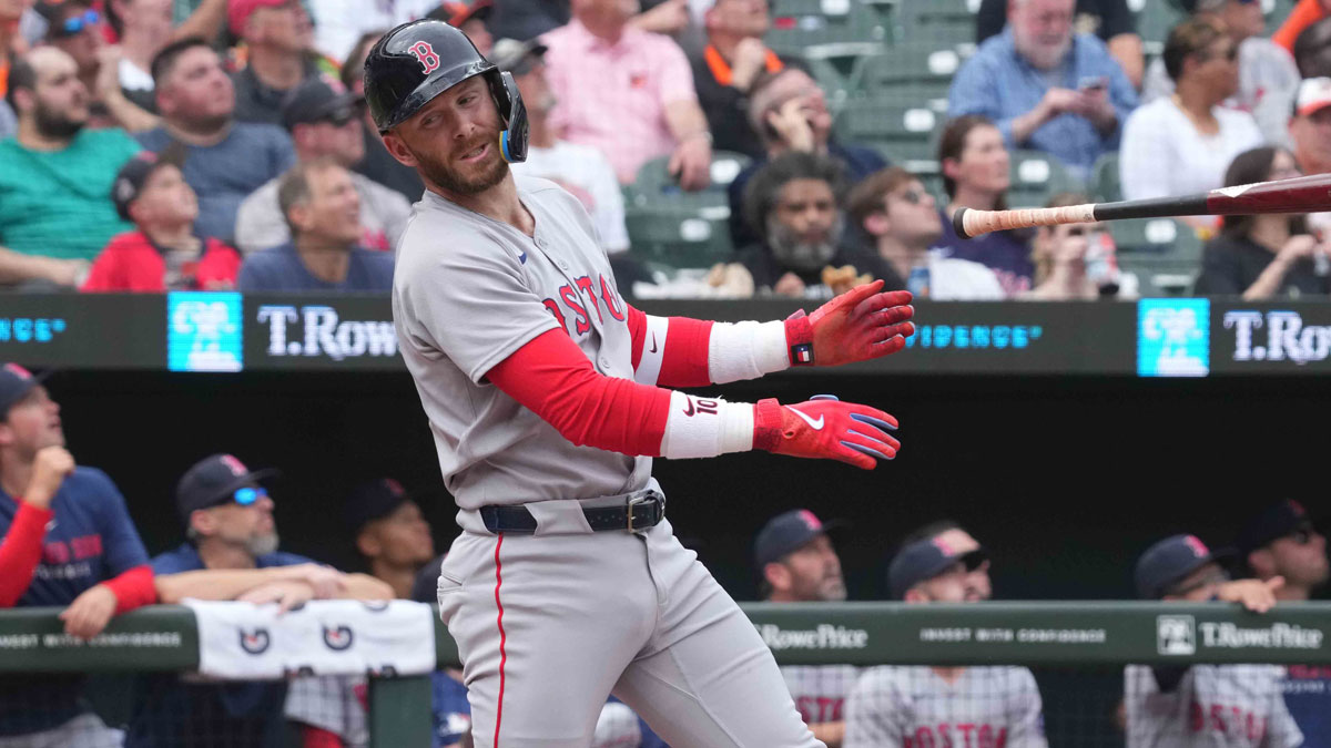 Apr 3, 2025; Baltimore, Maryland, USA; Boston Red Sox shortstop Trevor Story (10) reacts after making an out during the third inning against the Baltimore Orioles at Oriole Park at Camden Yards. Mandatory Credit: Mitch Stringer-Imagn Images