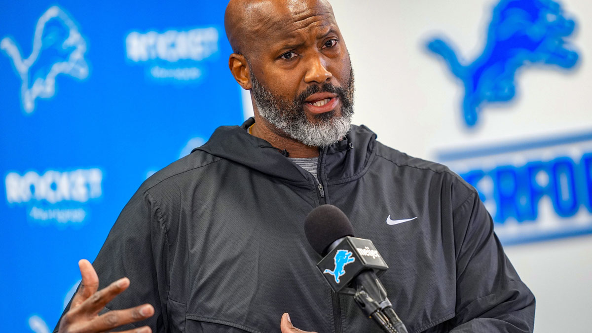 Detroit Lions Executive Vice President & General Manager Brad Holmes speaks to the press about their season, how it ended and what’s next at the Detroit Lions headquarters and training facility in Allen Park, Mich.