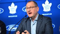 Toronto Maple Leafs general manager Brad Treliving speaks during a media conference to introduce new head coach Craig Berube (not shown) at Ford Performance Centre.