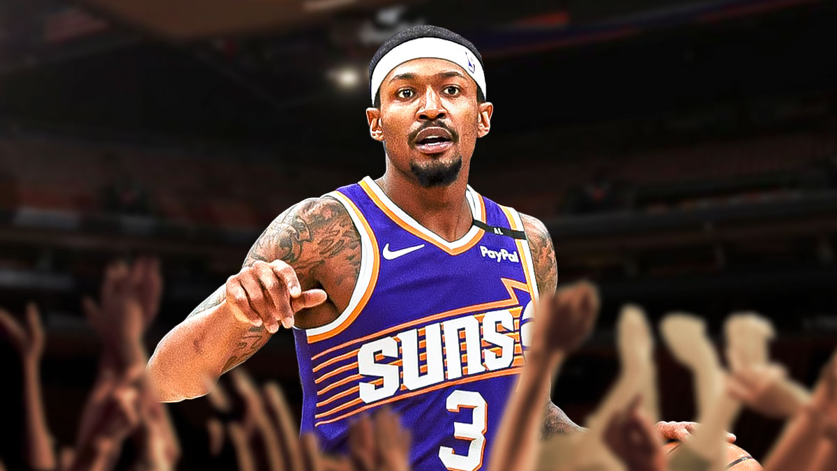 Bradley Beal in a Suns jersey looking disappointed, with silhouettes of fans below him, and a background of the Suns home arena.