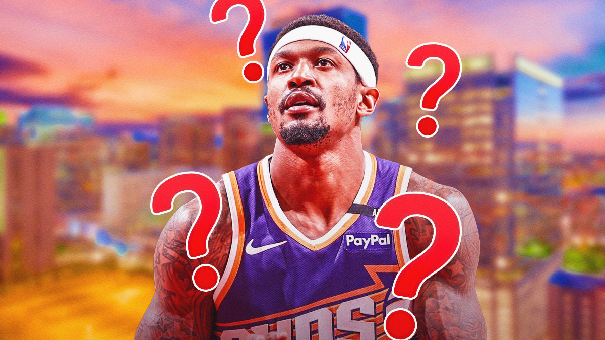 Bradley Beal in a Suns jersey with question marks around him, and the background of downtown Phoenix behind him.