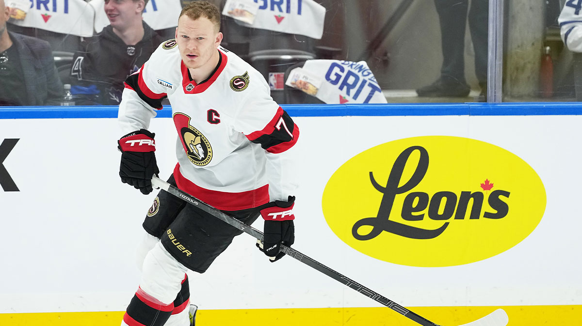 Ottawa Senators left wing Brady Tkachuk (7) skates during the warmup before game five of the first round of the 2025 Stanley Cup Playoffs against the Toronto Maple Leafs at Scotiabank Arena