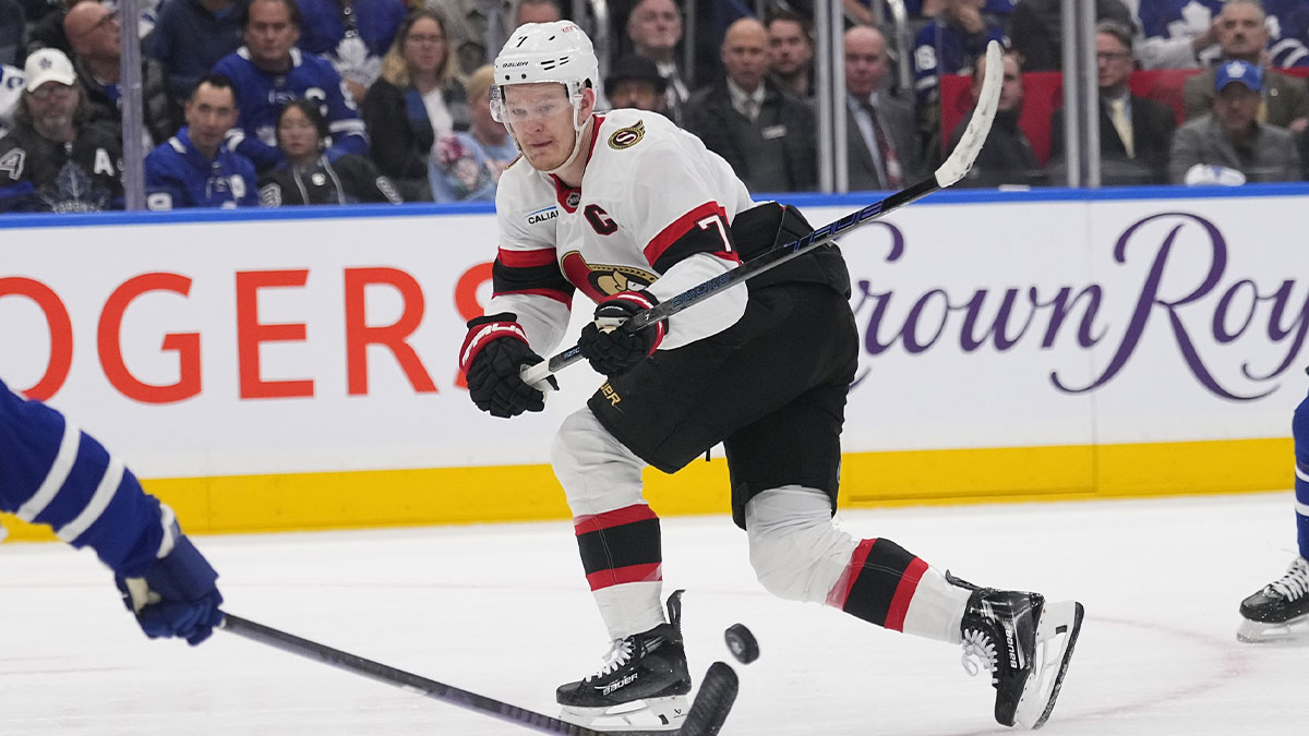 Ottawa Senators forward Brady Tkachuk (7) passes the puck against the Toronto Maple Leafs during the second period of game one of the first round of the 2025 Stanley Cup Playoffs at Scotiabank Arena.