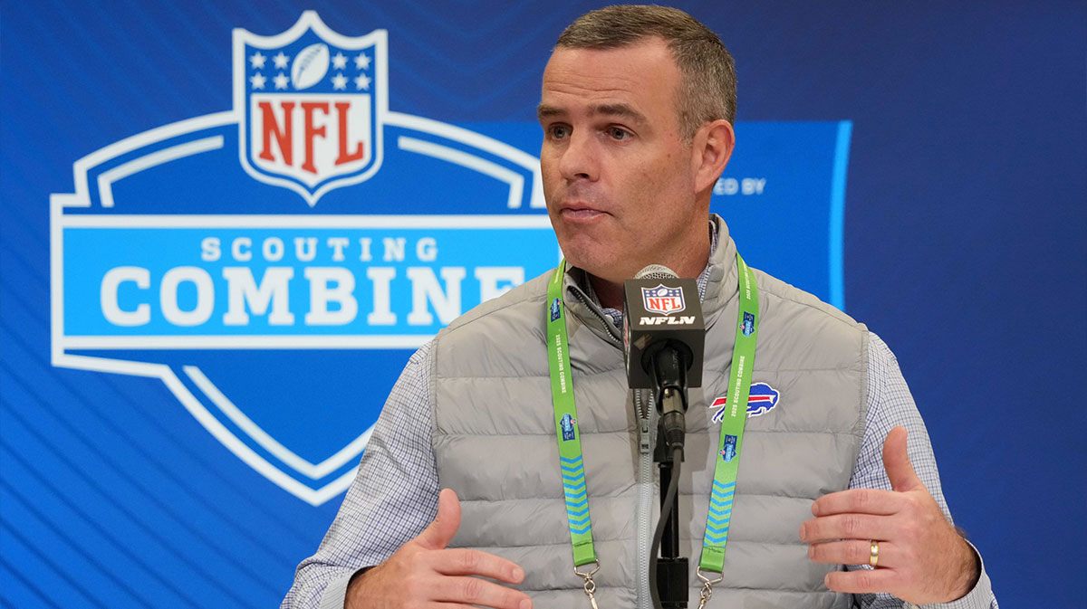 Buffalo Bills general manager Brandon Beane speaks during the NFL Scouting Combine at the Indiana Convention Center.