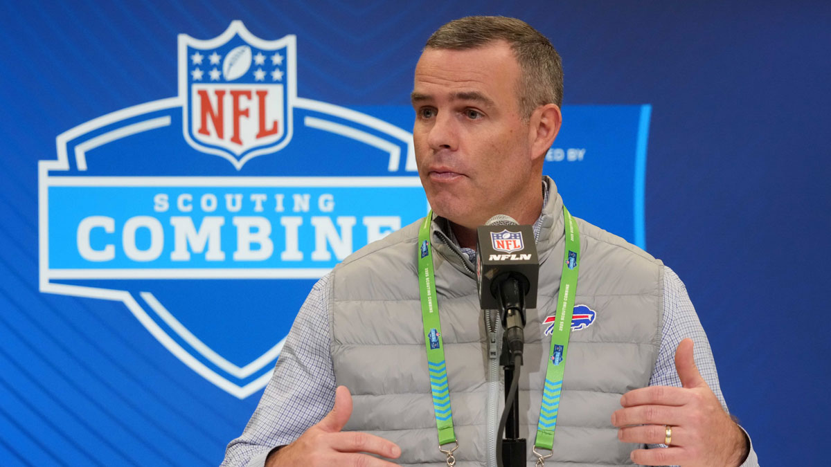 Buffalo Bills general manager Brandon Beane speaks during the NFL Scouting Combine at the Indiana Convention Center.
