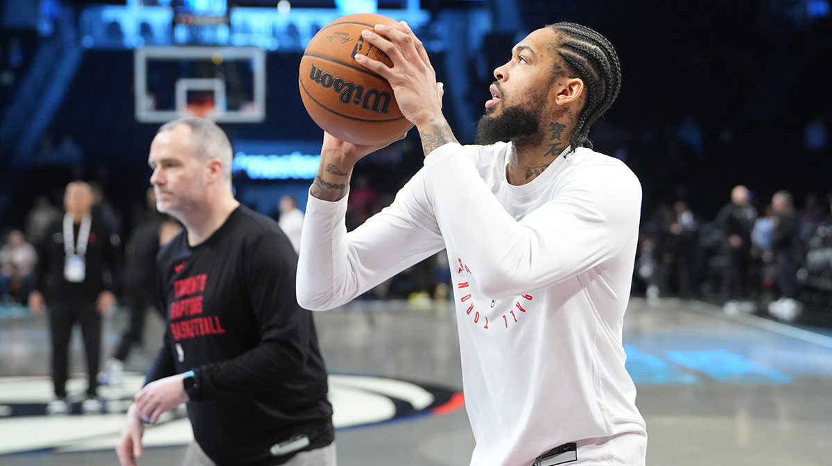 Toronto Raptors small forward Brandon Ingram (3) warms up prior to the game against the Brooklyn Nets at Barclays Center.