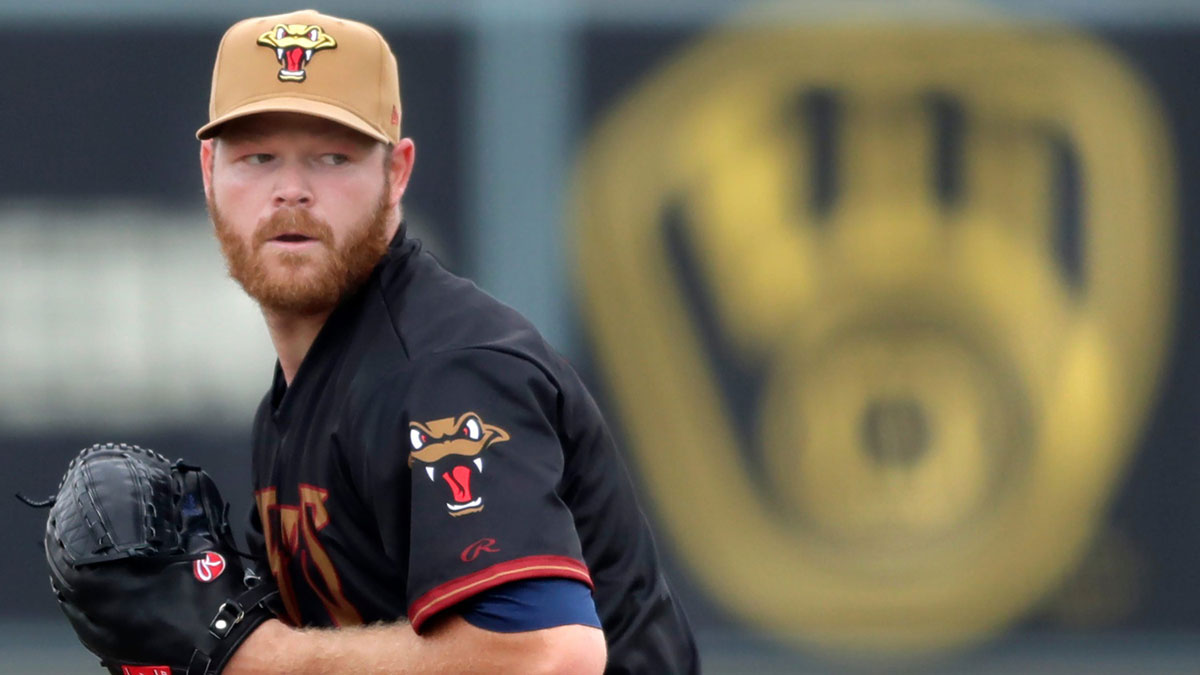 Milwaukee Brewers’ pitcher Brandon Woodruff during a rehabilitation start, following shoulder surgery in November 2023, with the Wisconsin Timber Rattlers on Friday, April 18, 2025, at Neuroscience Group Field at Fox Cities Stadium in Grand Chute, Wis.