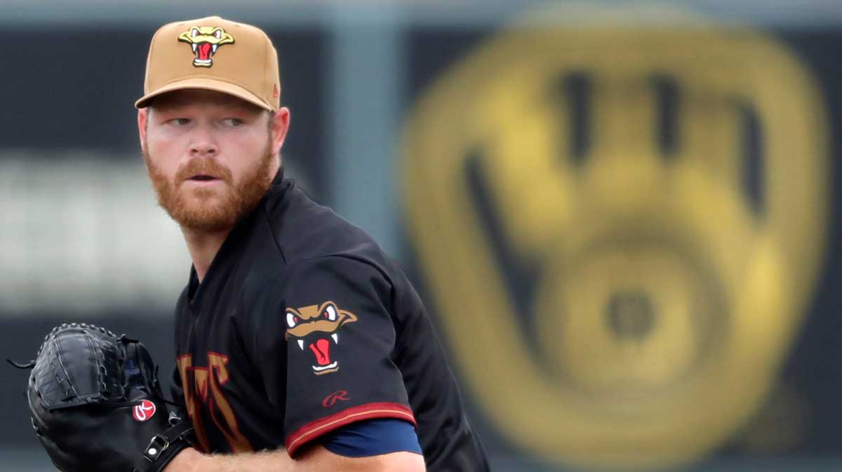 Milwaukee Brewers’ pitcher Brandon Woodruff during a rehabilitation start, following shoulder surgery in November 2023, with the Wisconsin Timber Rattlers on Friday, April 18, 2025, at Neuroscience Group Field at Fox Cities Stadium in Grand Chute, Wis.