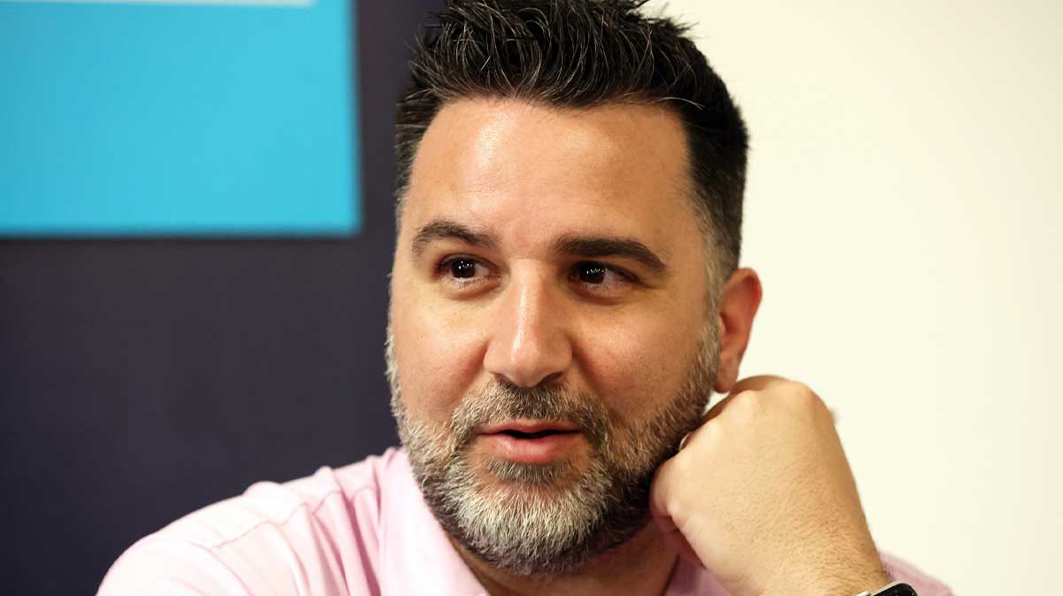 Atlanta Braves general manager and president of baseball operations Alex Anthopoulos talks with media at George M. Steinbrenner Field.