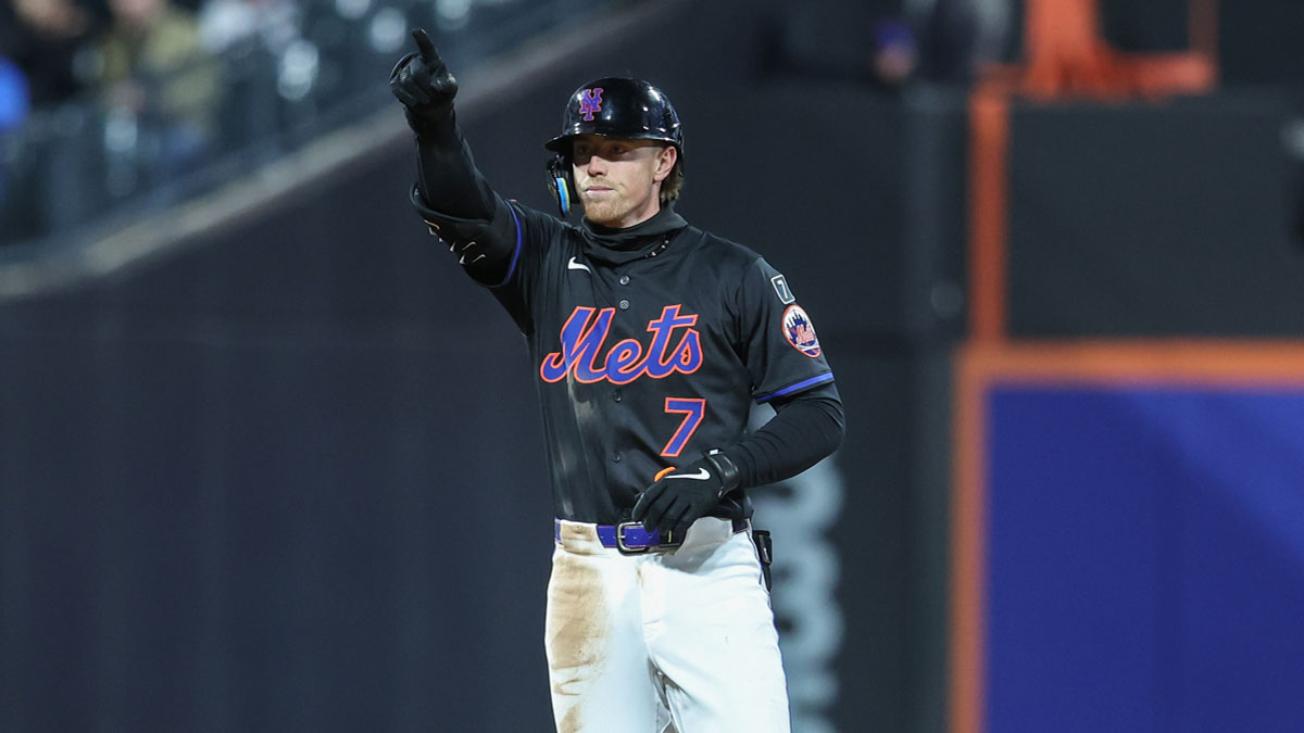 New York Mets second baseman Brett Baty (7) reacts after hitting a double in the fifth inning against the St. Louis Cardinals at Citi Field.