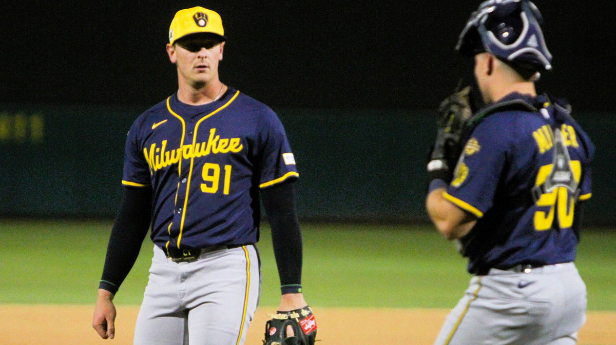 Milwaukee Brewers reliever Craig Yoho walks off the mound after finishing an inning against the Oakland Athletics in a spring training game March 6, 2025.