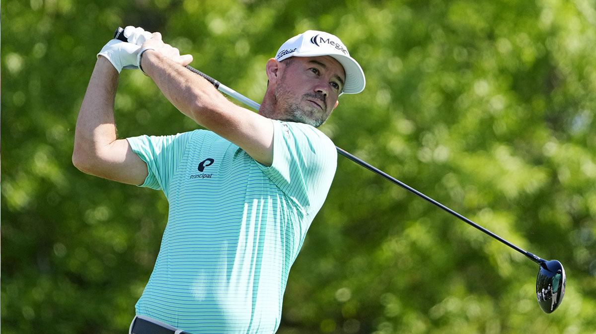 Apr 10, 2025; Augusta, Georgia, USA; Brian Harman plays his shot from the fifth tee during the first round of the Masters Tournament