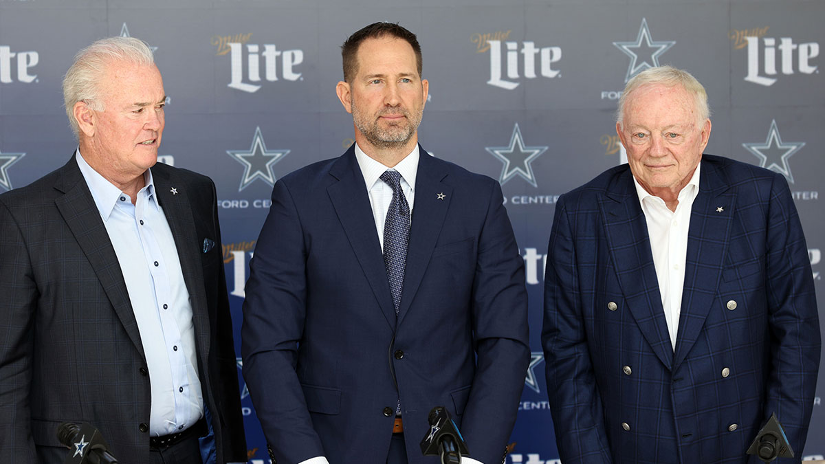 Dallas Cowboys CEO Stephen Jones,head coach Brian Schottenheimer and owner Jerry Jones pose for pictures after a press conference at the Star. Mandatory Credit: Tim Heitman-Imagn Images