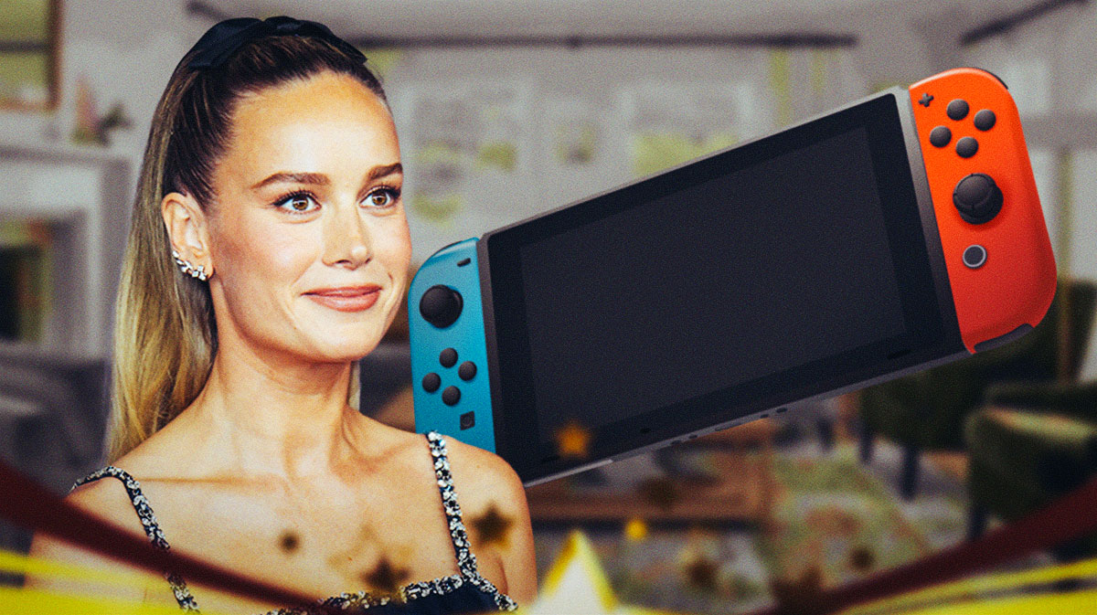 Brie Larson with a Nintendo Switch 2 system and living room background.