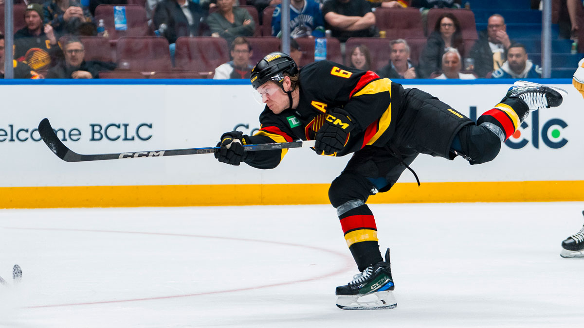 Vancouver Canucks forward Brock Boeser (6) shoots against the Vegas Golden Knights in the second period at Rogers Arena.
