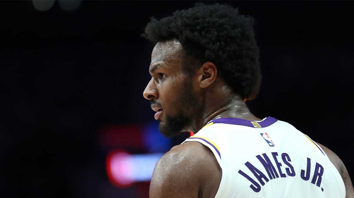 Los Angeles Lakers guard Bronny James (9) awaits the next play against the Portland Trail Blazers in the second half at Moda Center.