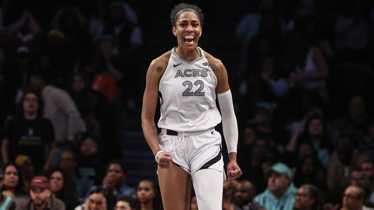 Oct 1, 2024; Brooklyn, New York, USA; Las Vegas Aces center A'ja Wilson (22) celebrates after scoring in the fourth quarter against the New York Liberty during game two of the 2024 WNBA Semi-finals at Barclays Center. Mandatory Credit: Wendell Cruz-Imagn Images