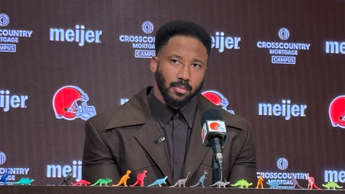Cleveland Browns defensive end Myles Garrett spoke Friday, March 14, 2025, at team headquarters