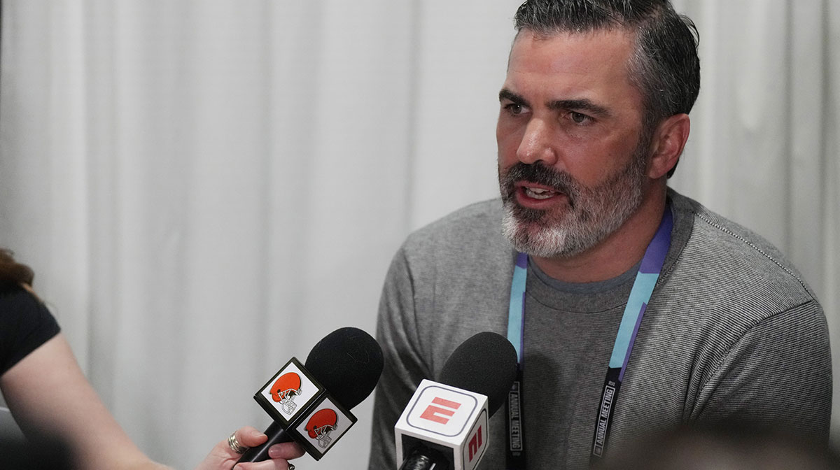 Cleveland Browns head coach Kevin Stefanski answers questions from the media during the NFL Annual League Meeting at The Breakers.