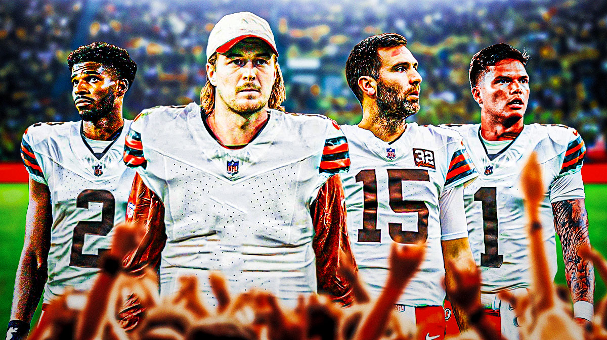 The Cleveland Browns logo with question marks around it, with Joe Flacco, Kenny Pickett, Dillon Gabriel, and Shedeur Sanders all in photoshopped Browns jerseys