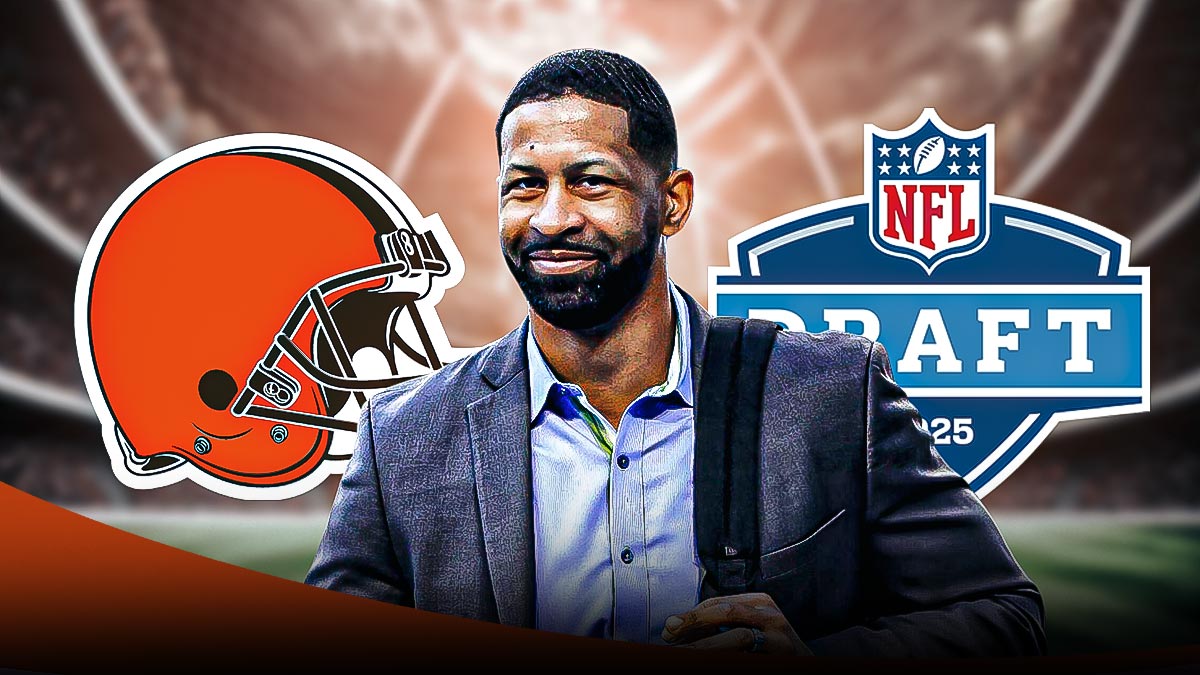Andrew Berry with Browns and NFL Draft logos around him.