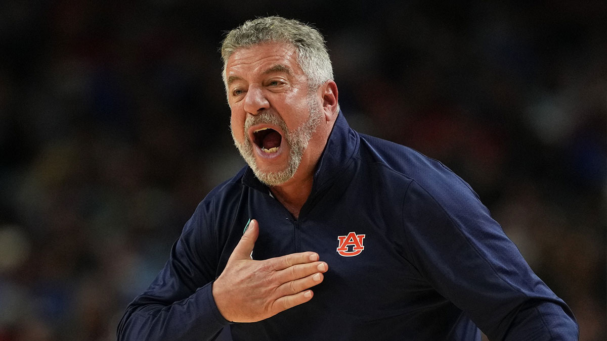 Auburn Tigers head coach Bruce Pearl reacts after a play against the Florida Gators during the second half in the semifinals of the men's Final Four of the 2025 NCAA Tournament at the Alamodome. Mandatory Credit: Bob Donnan-Imagn Images