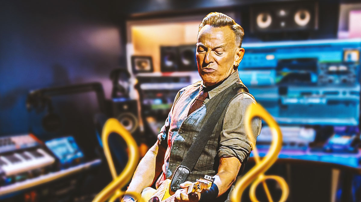 Bruce Springsteen, who announced Tracks 2: The Lost Albums, after the April Fools' Day tease, with recording studio background.