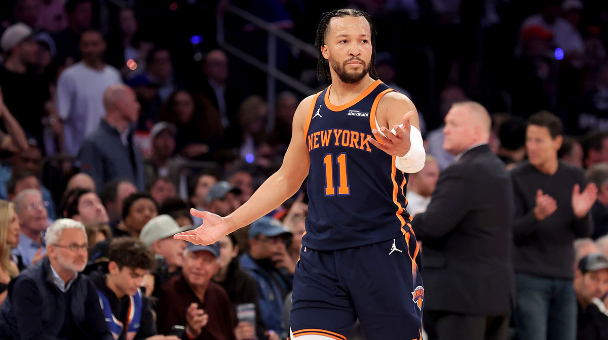 New York Knicks guard Jalen Brunson (11) reacts during the second quarter of game two of the first round of the 2024 NBA Playoffs against the Detroit Pistons at Madison Square Garden