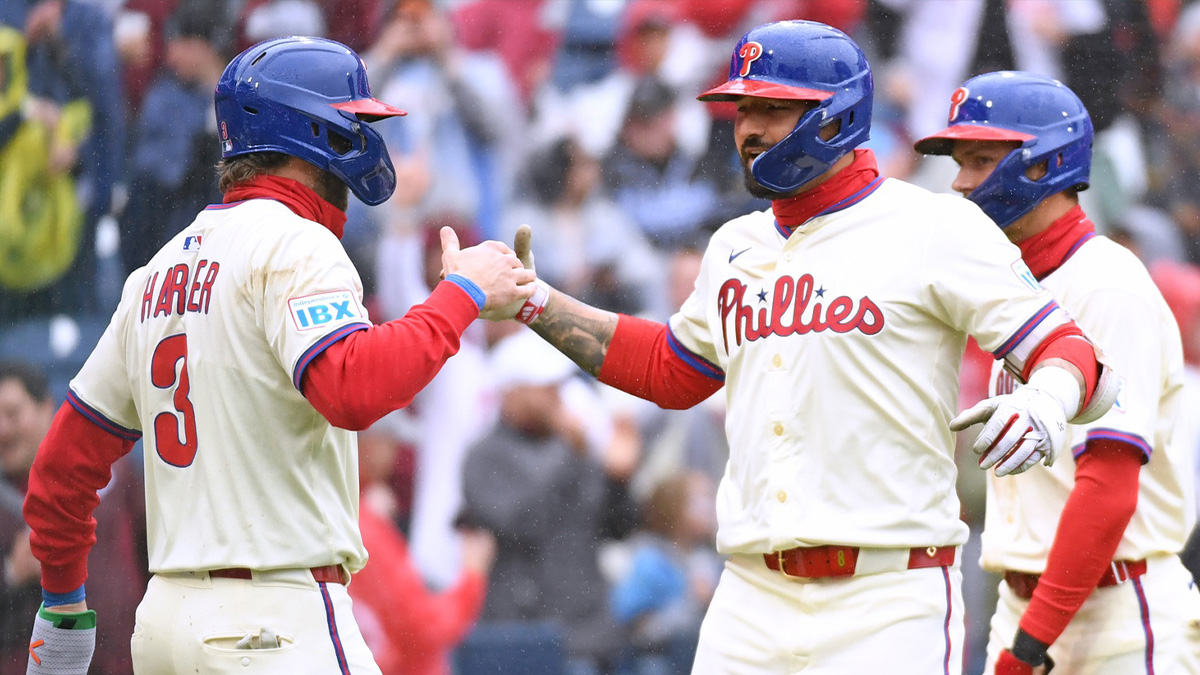 Philadelphia Phillies outfielder Nick Castellanos (8) celebrates his grand slam with first base Bryce Harper (3) during the third inning against the Los Angeles Dodgers home run at Citizens Bank Park.
