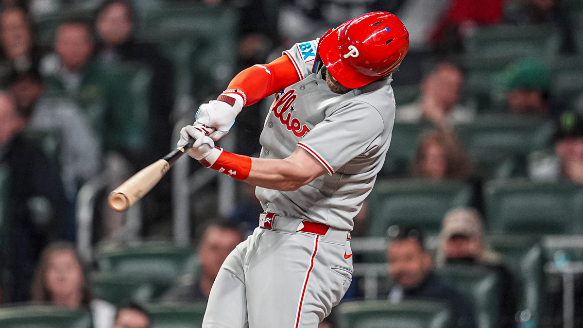 Philadelphia Phillies first base Bryce Harper (3) hits a two run home run against the Atlanta Braves during the seventh inning at Truist Park