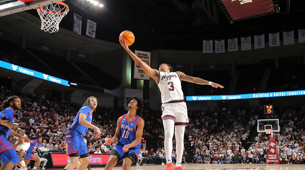 Texas A&M Aggies guard Bryce Lindsay (3) shoots an inside shot against the DePaul Blue Demons during the first half at Reed Arena.