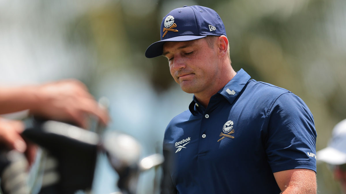 Bryson DeChambeau reacts after his shot from the fourth tee during the final round of the LIV Golf Miami golf tournament at Trump National Doral