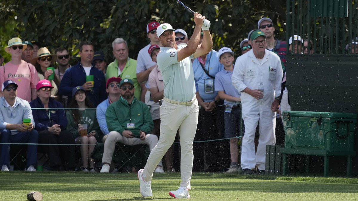 Bryson DeChambeau plays his shot from the 16th tee during the second round of the Masters Tournament at Augusta National Golf Club.