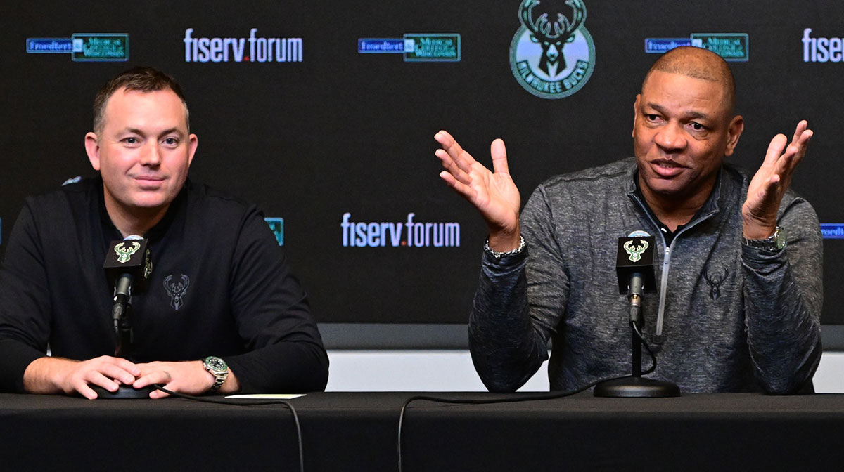 Doc Rivers speaks at a press conference with general manager Jon Horst where he was introduce as the new head coach of the Milwaukee Bucks at the Fiserv Forum.