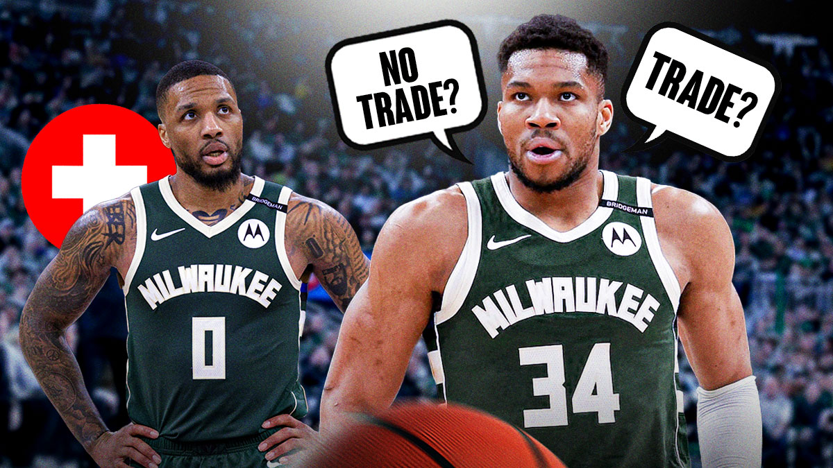 Bucks' Giannis Antetokounmpo saying "Trade" and "No trade?" with injured Damian Lillard