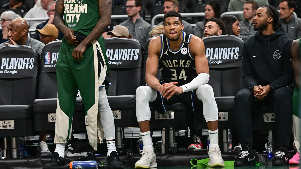 Milwaukee Bucks forward Giannis Antetokounmpo (34) looks on in the final seconds of the game against the Indiana Pacers during game four of first round for the 2024 NBA Playoffs at Fiserv Forum.