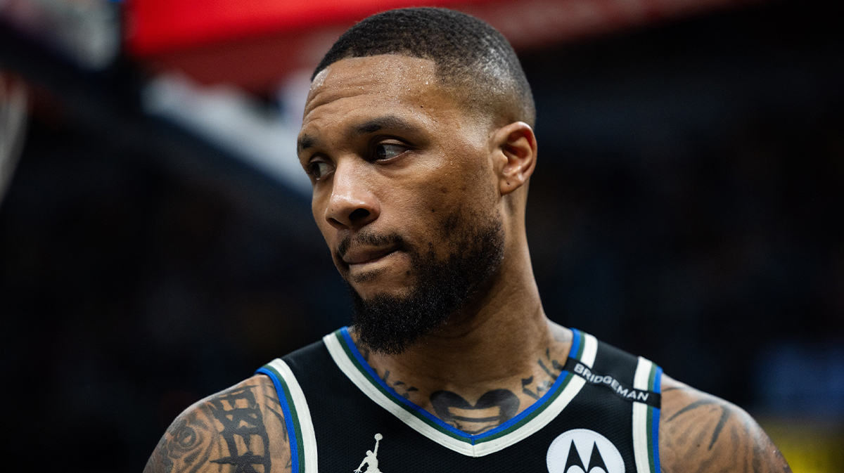 Bucks guard Damian Lillard (0) during game two