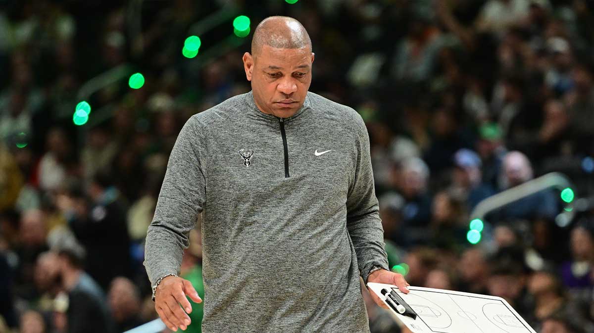 Milwaukee Bucks head coach Doc Rivers call a timeout in the fourth quarter against the Indiana Pacers during game four of first round for the 2024 NBA Playoffs at Fiserv Forum.