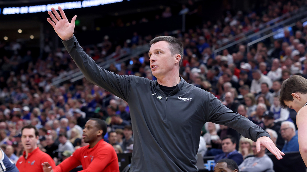 Samford Bulldogs (now Texas A&M) head coach Bucky McMillan during the first half in the first round of the 2024 NCAA Tournament against the Samford Bulldogs at Vivint Smart Home Arena-Delta Center.