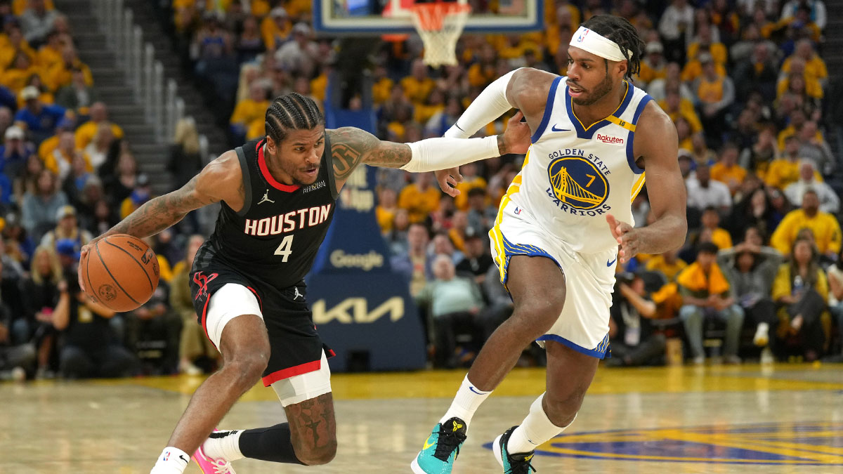 Houston Rockets guard Jalen Green (4) dribbles against Golden State Warriors guard Buddy Hield (7) during the third quarter of game three of first round for the 2024 NBA Playoffs at Chase Center.