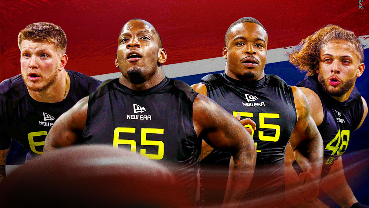 Nic Scourton, Jack Sawyer, Kyle Kennard, Ashton Gillotte all beside each other, Buffalo Bills wallpaper in the background