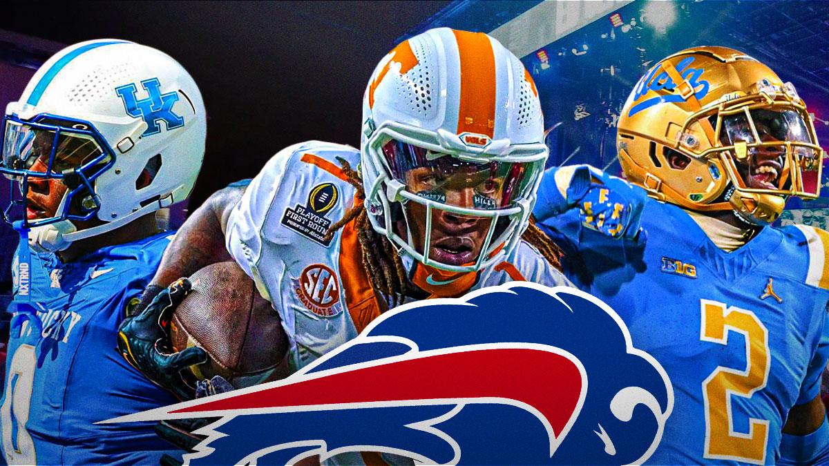 Deone Walker, Dont’e Thorton Jr., and Oluwafemi Oladejo with a Bills logo in front and an NFL draft background.